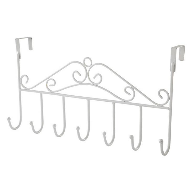 7-Hook over door hanger Iron Art Bag Clothes Key Scarf Hanging Holder Bathroom Kitchen Home Back Door organizer: white