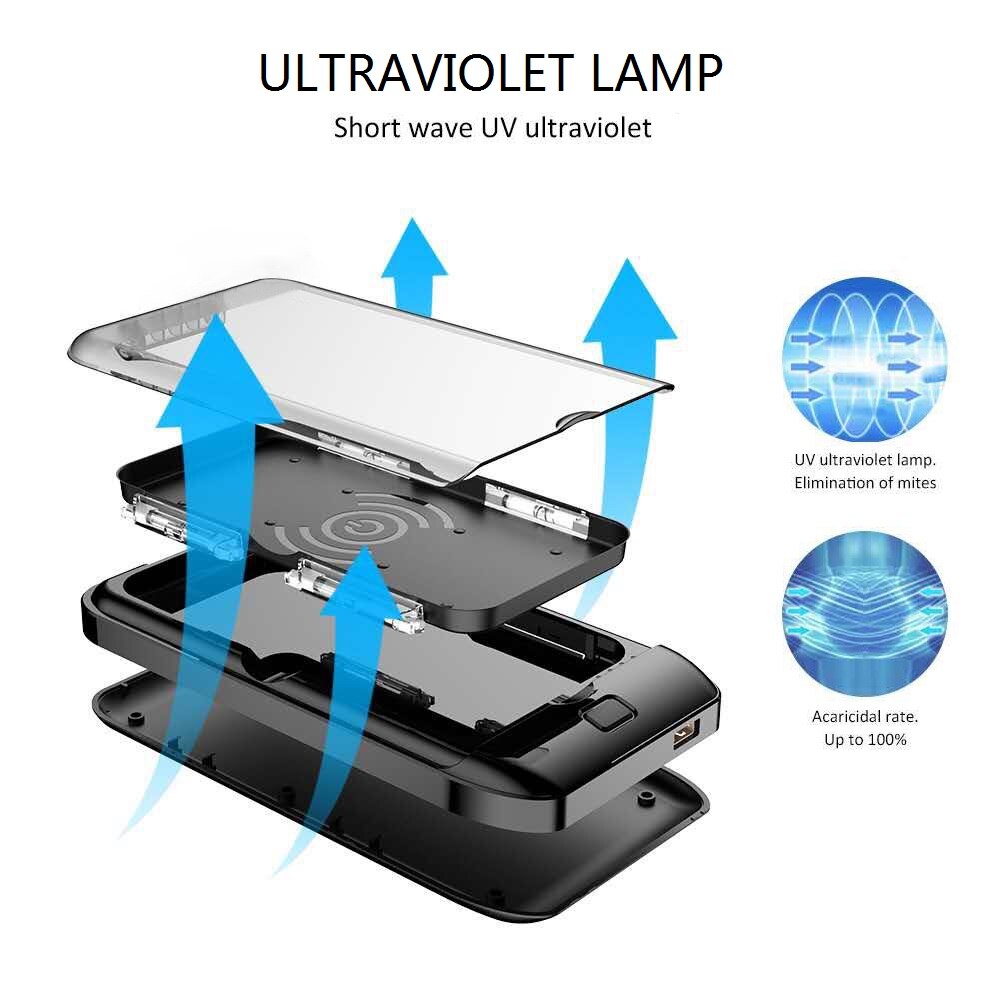 3 In 1 Uv Lichtbak Telefoon Schoner Draadloze Oplader Mobiele Telefoon Power Bank Ultraviolet Lamp Doos Voor Smart Telefoon oordopjes Horloge Toetsen