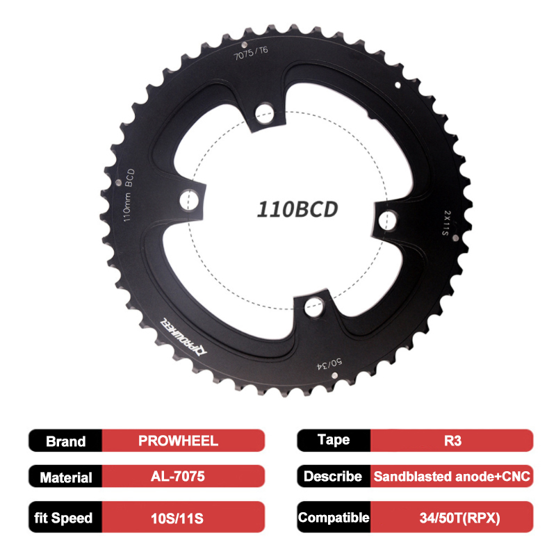 PROWHEEL 110BCD Kettingblad 34 T 50 T Racefiets Kettingblad 9/10/11 Speed Dubbele Snelheid 110 BCD Fiets Kettingwiel Fiets Deel: Rood