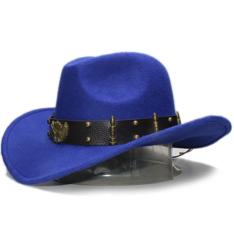 Banda de couro unissex retrô, duas armas, banda de couro para pai-filho, adulto e criança, lã, aba larga, chapéu ocidental, cowgirl, bowler tampa (57cm/54cm: Azul / Kid Size 54cm