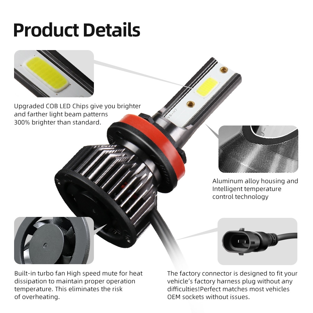 Roadsun Mini H4 H7 bombilla LED para faros de coche 12000LM 6000K H1 H3 H11 H13 9012 9005 HB3 9006 HB4 9007 lámpara de cabeza antiniebla automática para correr