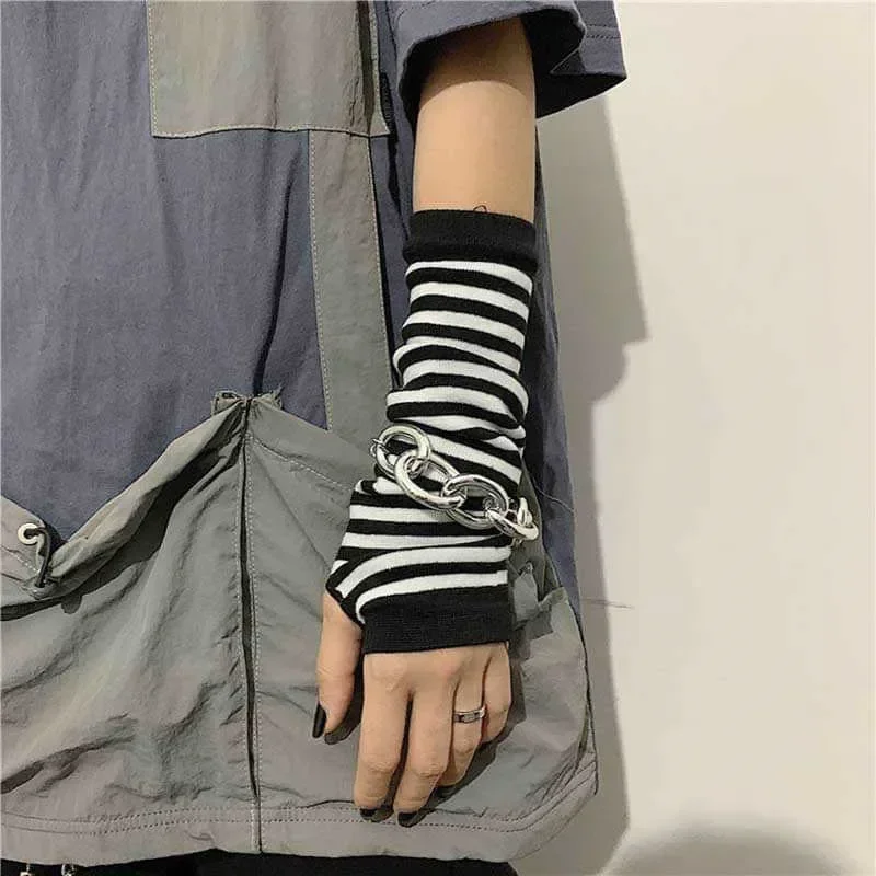 Gant gothique Lolita pour femmes et hommes, couvre-bras, Harajuku, chauffe-bras rayé, sans doigts, Punk, Long bracelet, Y2K, gants pour filles: green