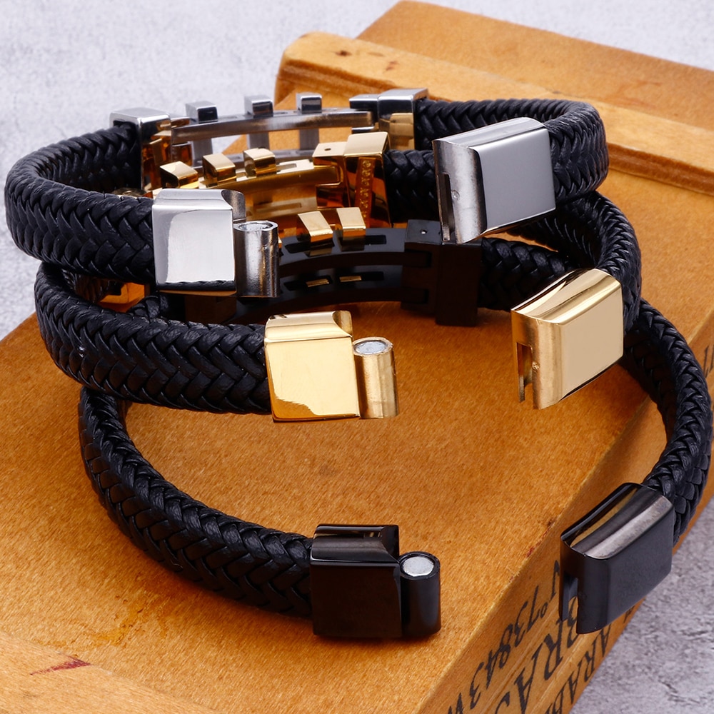 Seil Kette wickeln Leder Armbinde Männer Gold/Schwarz Edelstahl Herren Charme Armbänder Handgemachte Männlichen Schmuck Handgelenk Band männer