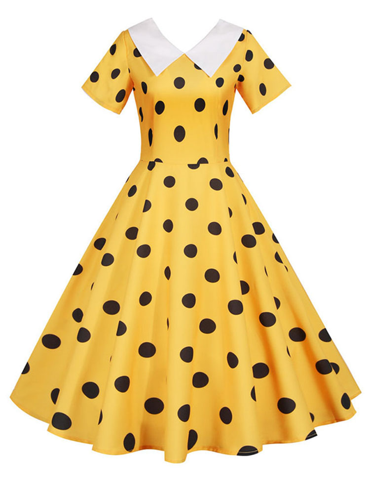Robe d'été Vintage à pois pour femmes, col Peter Pan, ligne a, taille haute, manches courtes, élégante, vêtements rétro: S / YELLOW