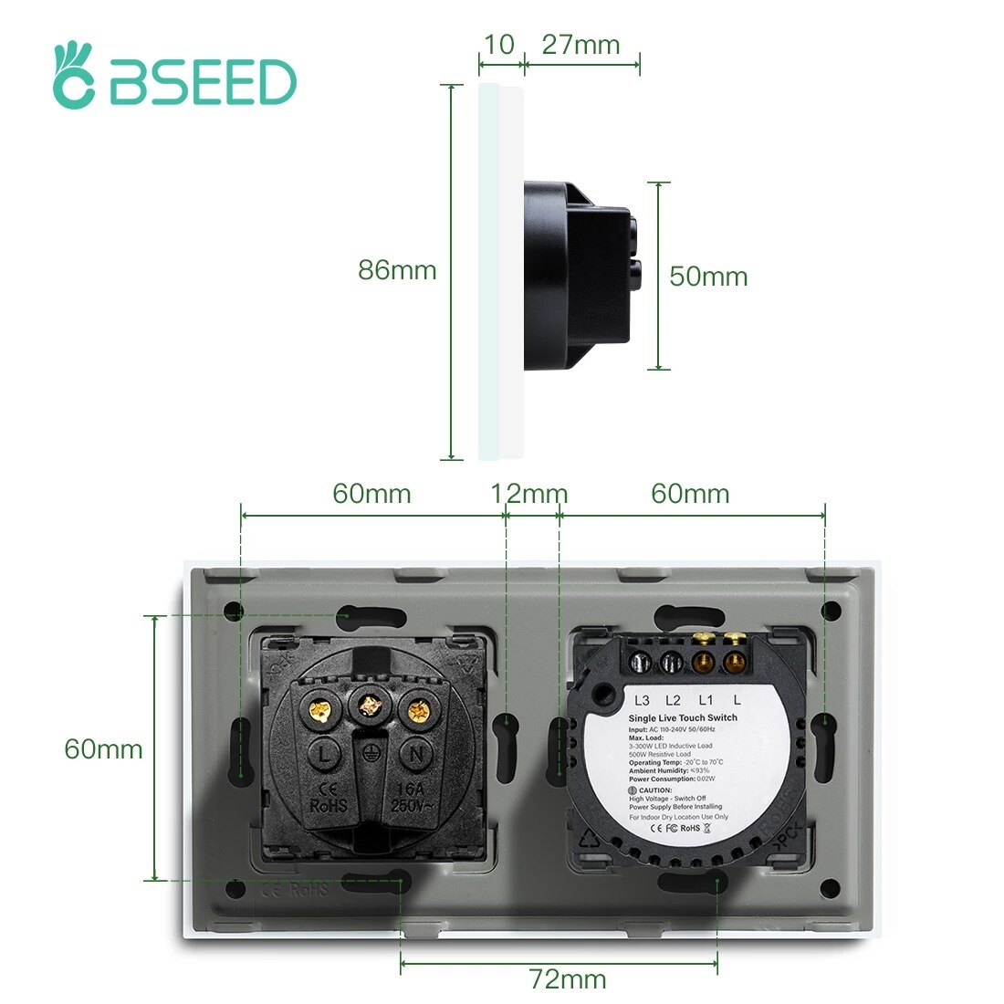 BSEED EU Standard Wasserdichte Steckdose Mit 1/2/3Gang 1 Weg Kristall Glas Panel Licht Schalter für Im Freien Küche Bad