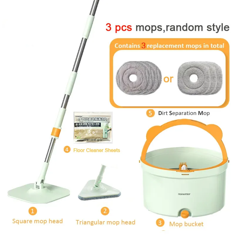 Trapeador giratorio con juego de cubo con 4 almohadillas de fregona reemplazables 360 ° Herramienta de fregonas de limpieza para el hogar, suelo perezoso de microfibra giratoria: green