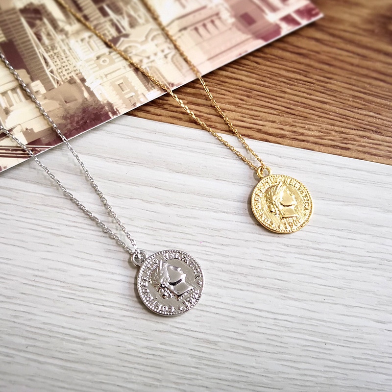 Vintage Carved Coin Necklace For Women Metal Retro Figure Medallion Pendant Long Necklaces Bohemia Jewelry