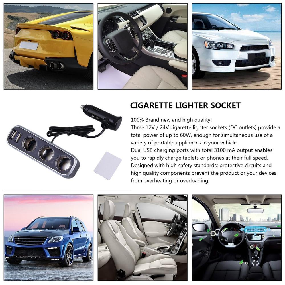Universele 3 Socket Adapter Splitter 3.1A Usb Charger Auto Dc 12V/24V Sigarettenaansteker Splitter + dual Usb-poort Auto Adapter