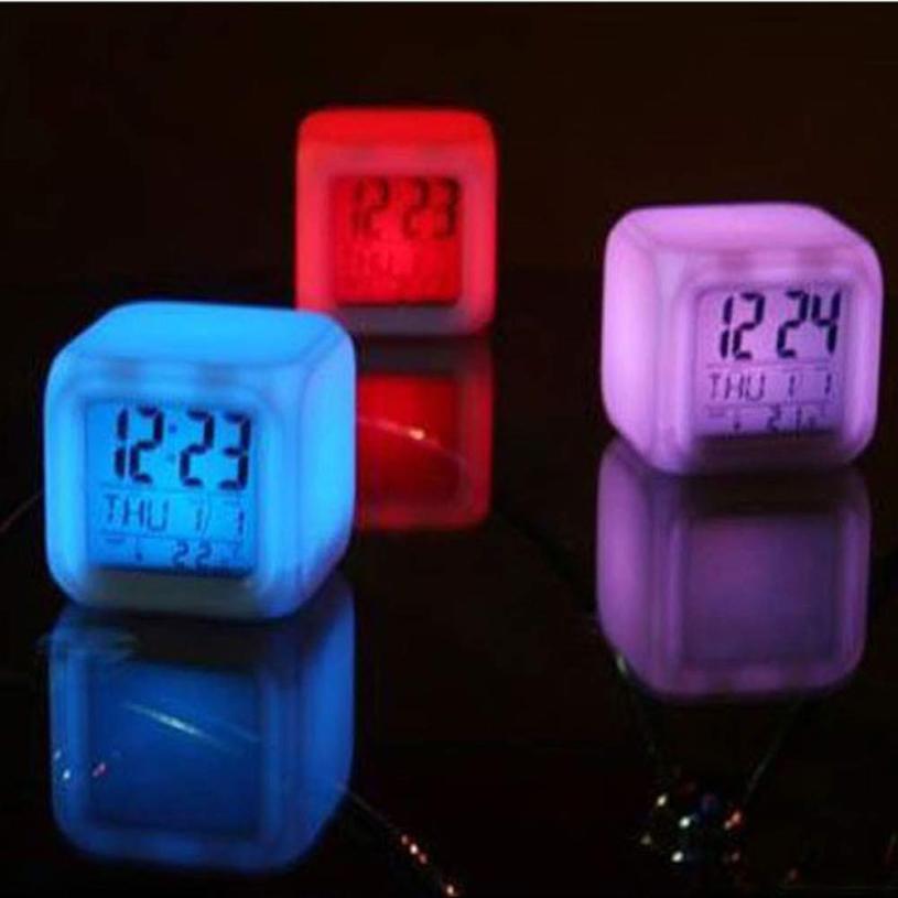 LED Alarm Colock 7 Colors Changing Digital Desk Gadget Digital Alarm Thermometer Night Glowing Cube led Clock Home