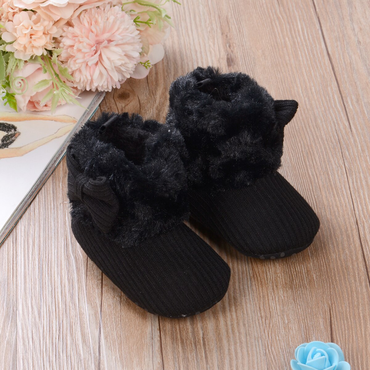 Winter baby warme schoenen eenvoudig schattig mooi modieus zacht antislip warm veelkleurig pluche laarzen winkelen trip wandelen: Zwart / 11cm