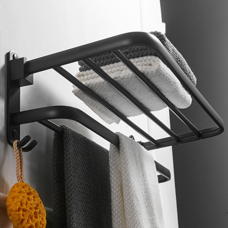 Ruimte Aluminium Zwart Handdoekenrek Wall Mounted Folding Handdoek Houder Opslag Plank Met Haak Badkamer Douche Accessoires