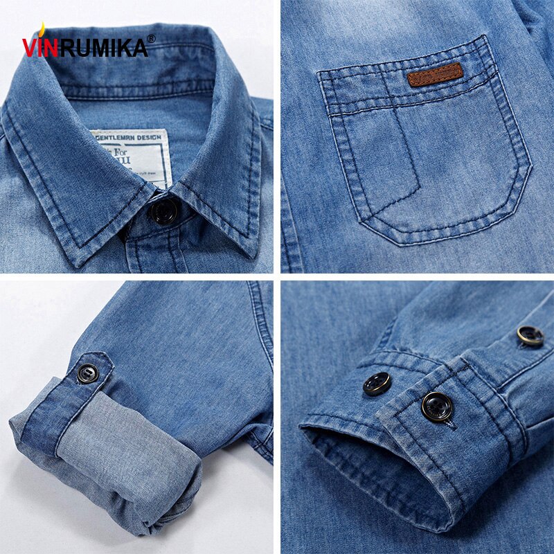 Vår europeisk herr casual stil cowboy svart skjorta man höst 100%  bomull klassisk denim blå långärmade skjortor