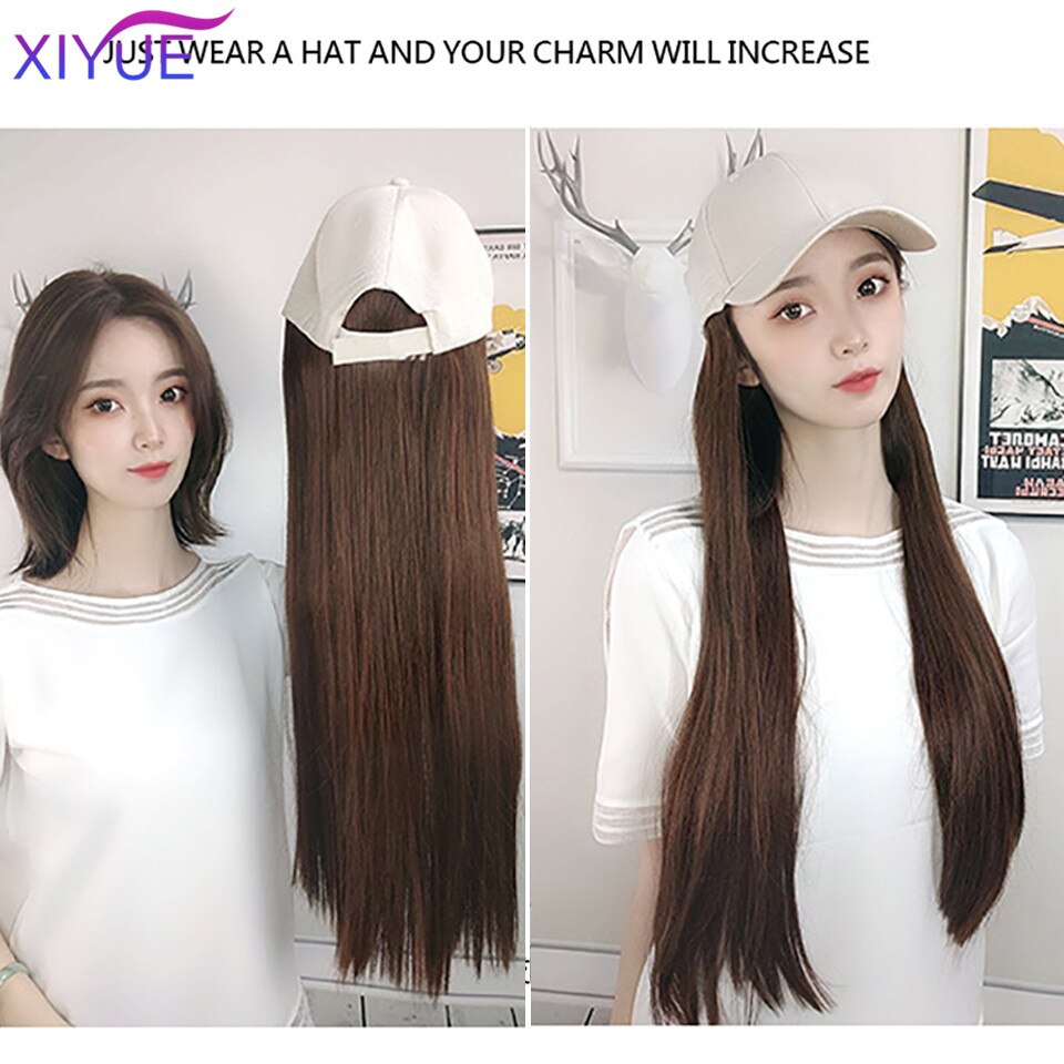 Long Synthetic Baseball Cap Hair Wig Natural Black Cap Hair Extensions Natural Wave Wigs Naturally Connect Hat Wig Adjustable
