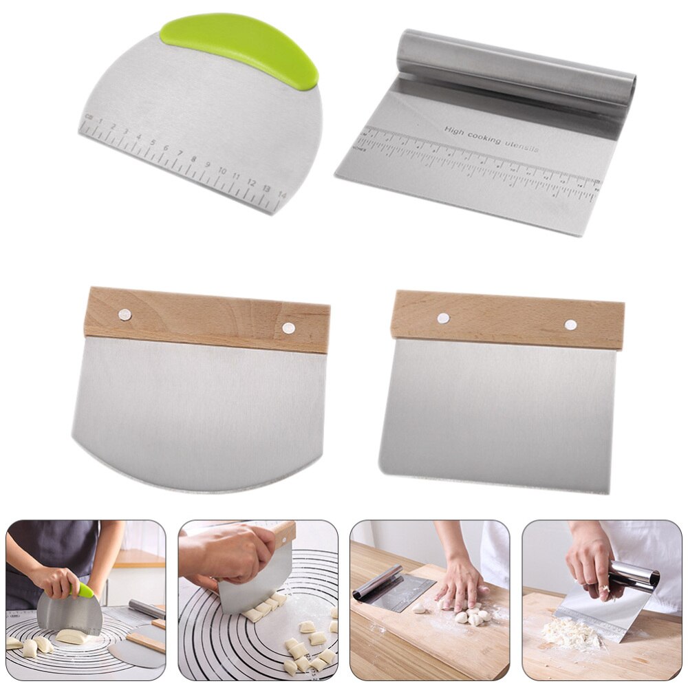 4Pcs Kitchen Baking Scrapers Stainless Steel Cutters Dough Scrapers with Scale
