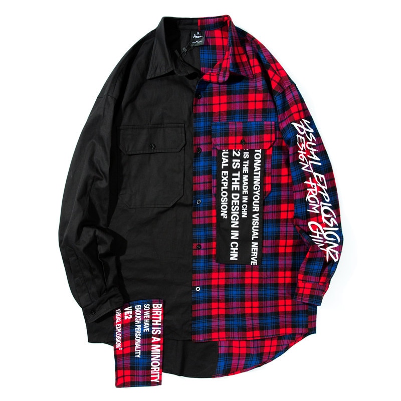 Mens Hip hop Color Block Patchwork Oversized Plaid Shirts letter printed Long section Curved hem Casual Long sleeves Shirts