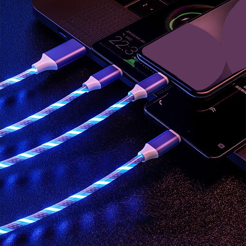 3 In 1 Glow Vloeiende Charger Cable Micro Usb Type C Kabel 1.2M Kleuren Led Licht Snelle Opladen Draad voor Iphone 12 Xiaomi 11 Redmi: Blue