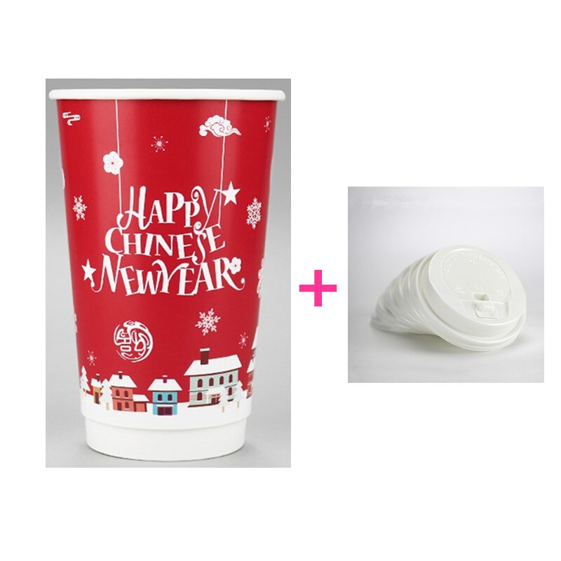 50 Pcs Christmas Party Favor Drink Dikke Dubbele Laag Papier Cup Anti-Brandwonden Wegwerp Koffie Cup Takeaway Pakket met Deksel