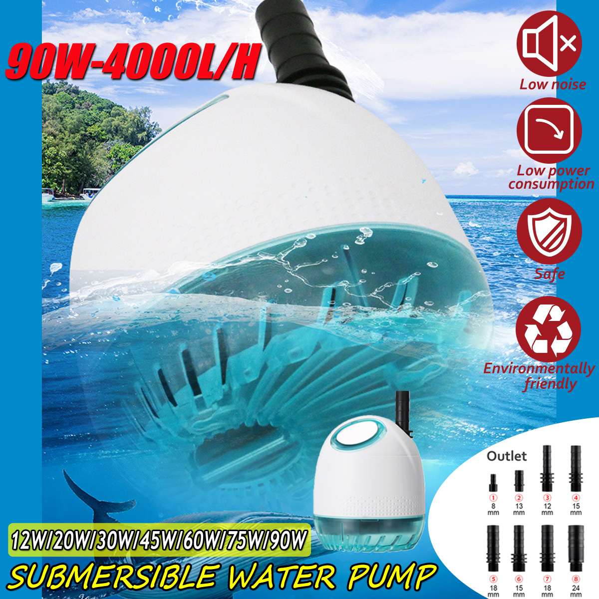 12-90W Ultra-Quiet Submersible Water Fountain Pump Filter Fish Pond Aquarium Water Pump Tank Fountain