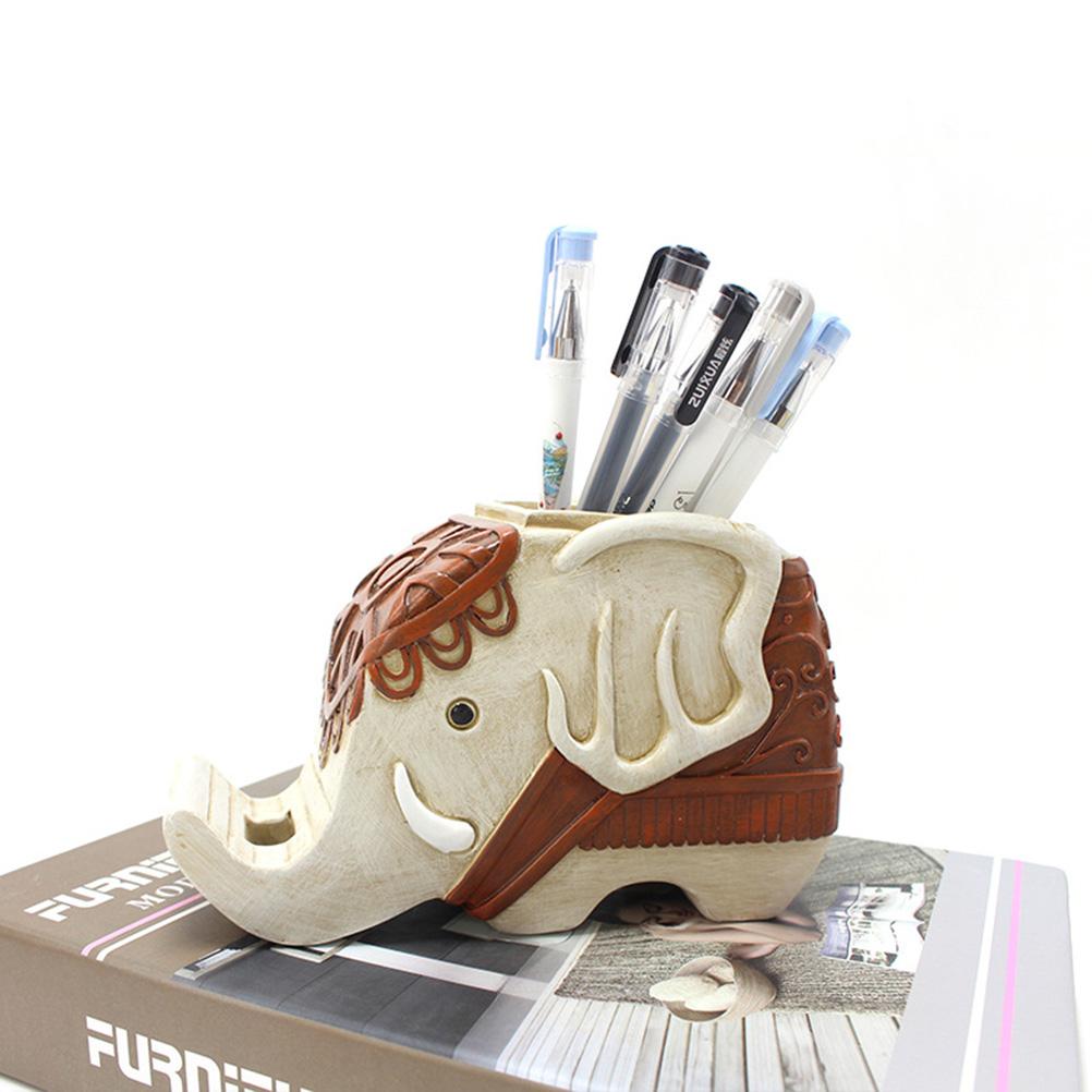 Elephant Shape Pen Pencil Holder with Cell Phone Stand Resin Desk Organizer Desk Decor Home Office Decoration Birthday