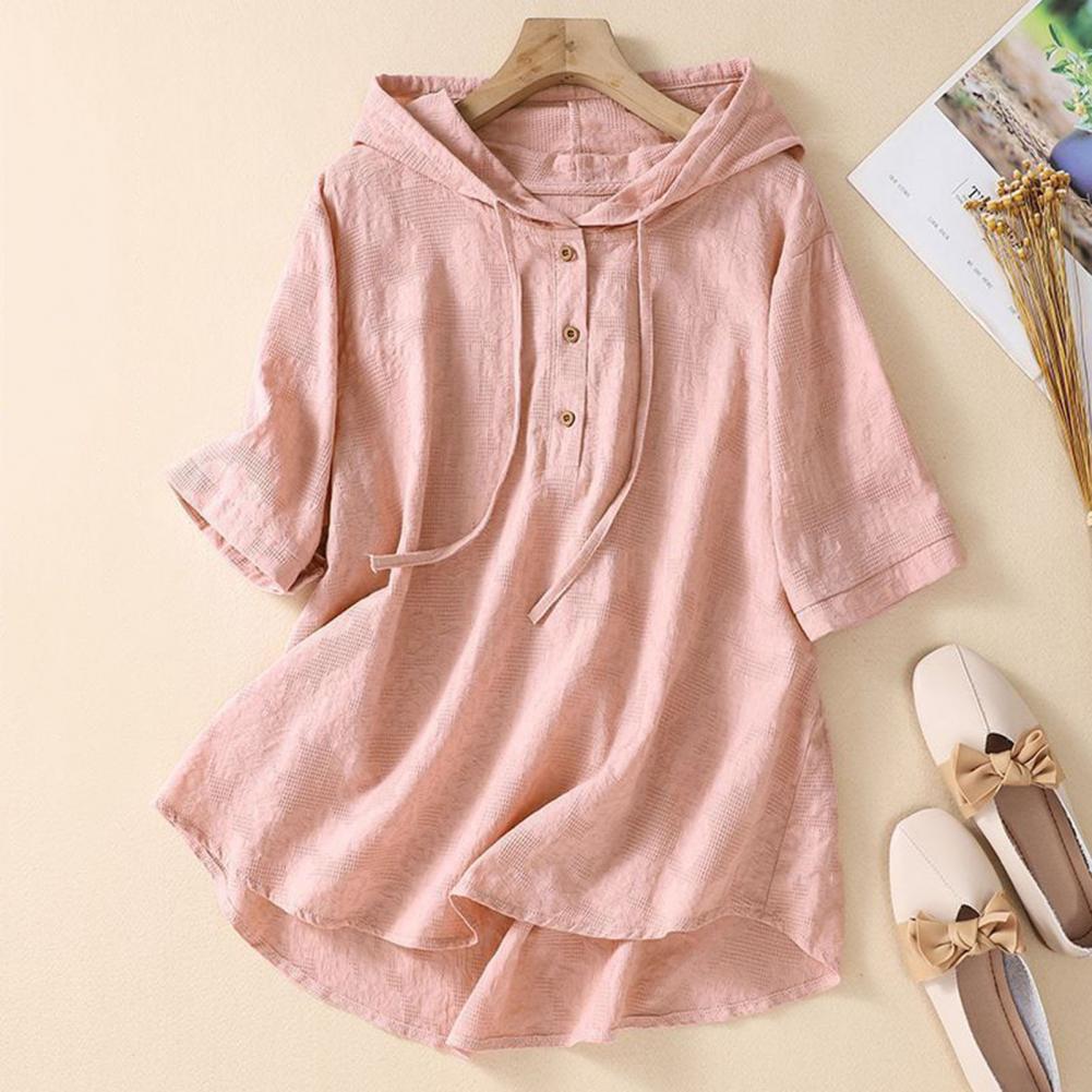 Dames T-Shirt Vintage Halve Mouw Capuchon Dames Geborduurde Loszittende Blouse Met Trekkoord Dun