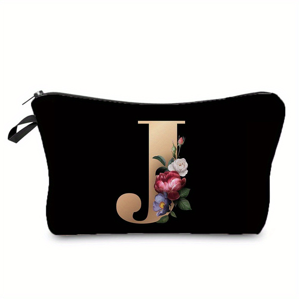 Flower & Letter Print Cosmetic Bag, Zipper Portable Makeup Pouch, Lightweight Coin Purse toiletry bag cajas organizadoras: green