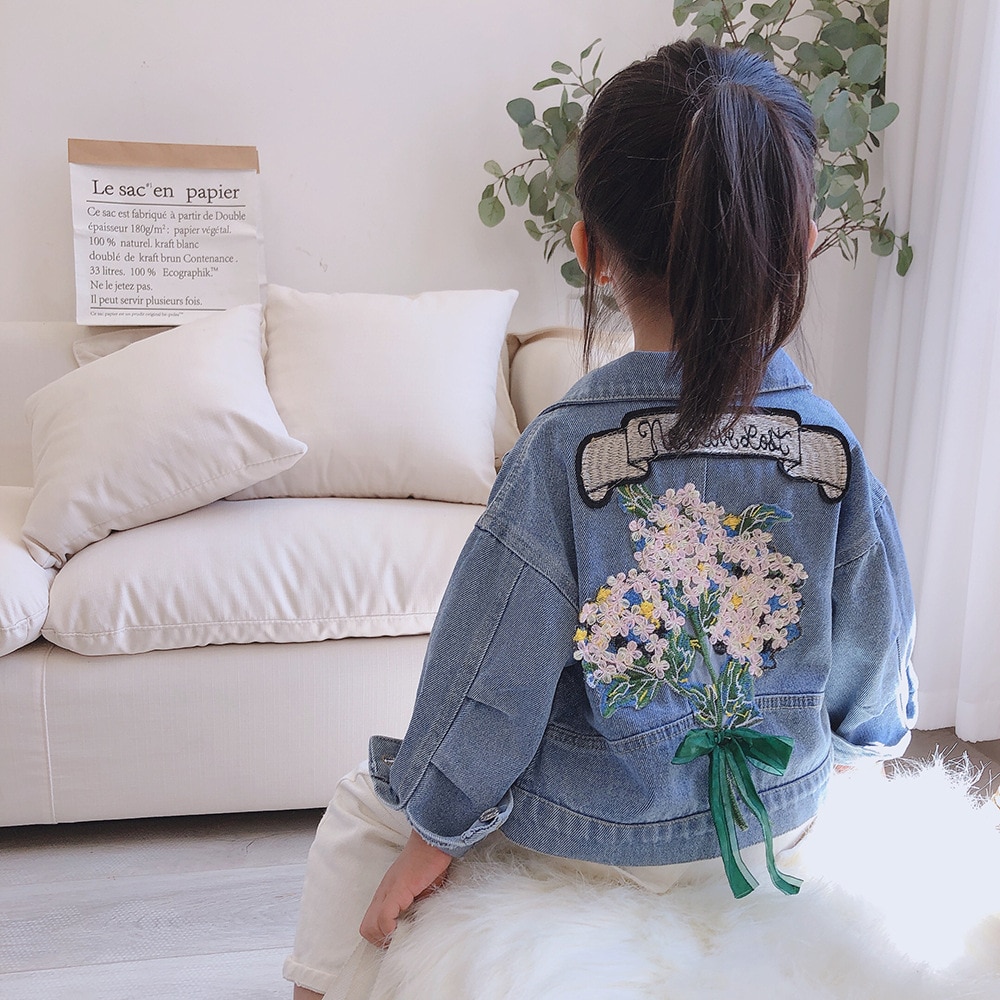 Chaqueta vaquera con bordado de flores para niña, ropa Abrigos de para niños, ropa de otoño para niñas, ropa de abrigo, Chaquetas vaqueras, abrigo para niños: 110