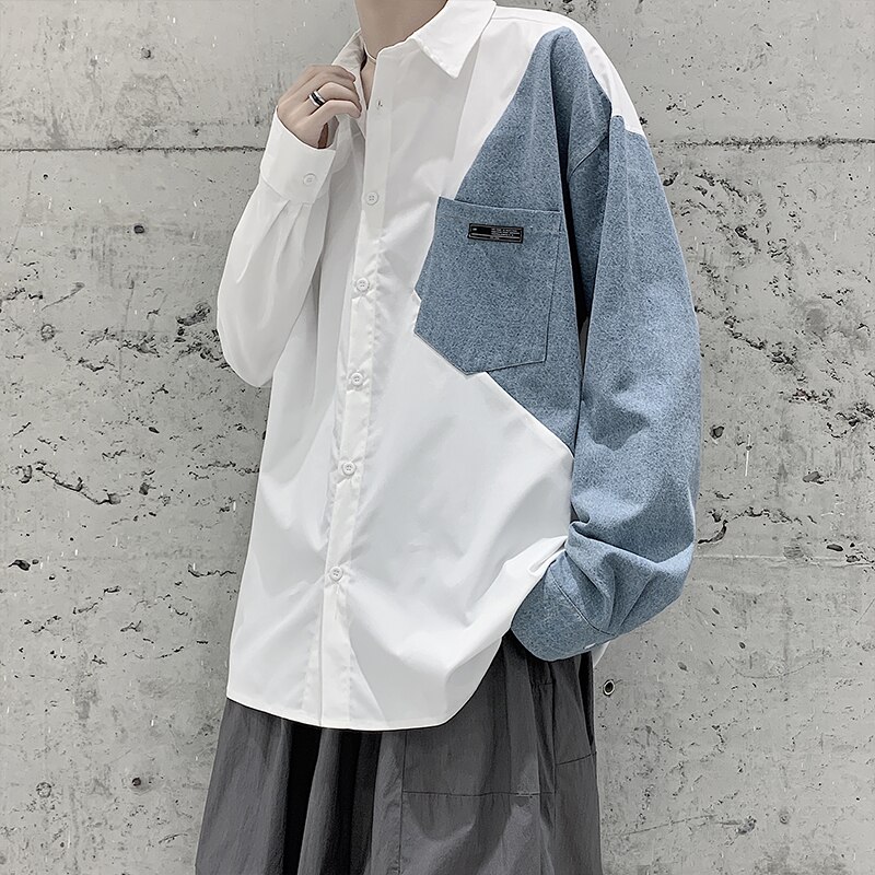 Oversized Denim Patchwork Shirts for Men Trends Clothing Teens Harajuku Long Sleeve Button Jeans Blouses