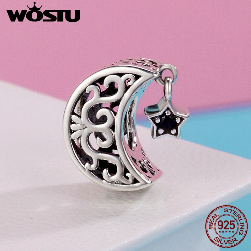 WOSTU Luxury 925 Sterling Silver Openwork Moon and Star Goodnight Charm Beads fit Bracelet DIY Jewelry Valentine Day CQC483