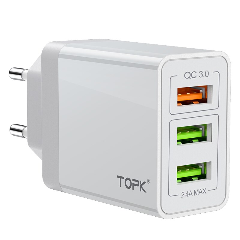 TOPK B348Q USB Quick Charge 3.0 With 3 Ports EU Wall Charger Fast Charging For iPhone Samsung Xiaomi: White