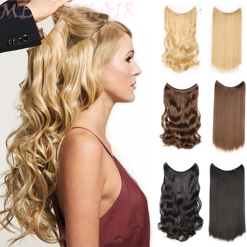 MERISI HAIR 24" Invisible Wire No Clips In Hair Extensions Secret Fish Line Hairpieces Synthetic Wavy Hair Extensions
