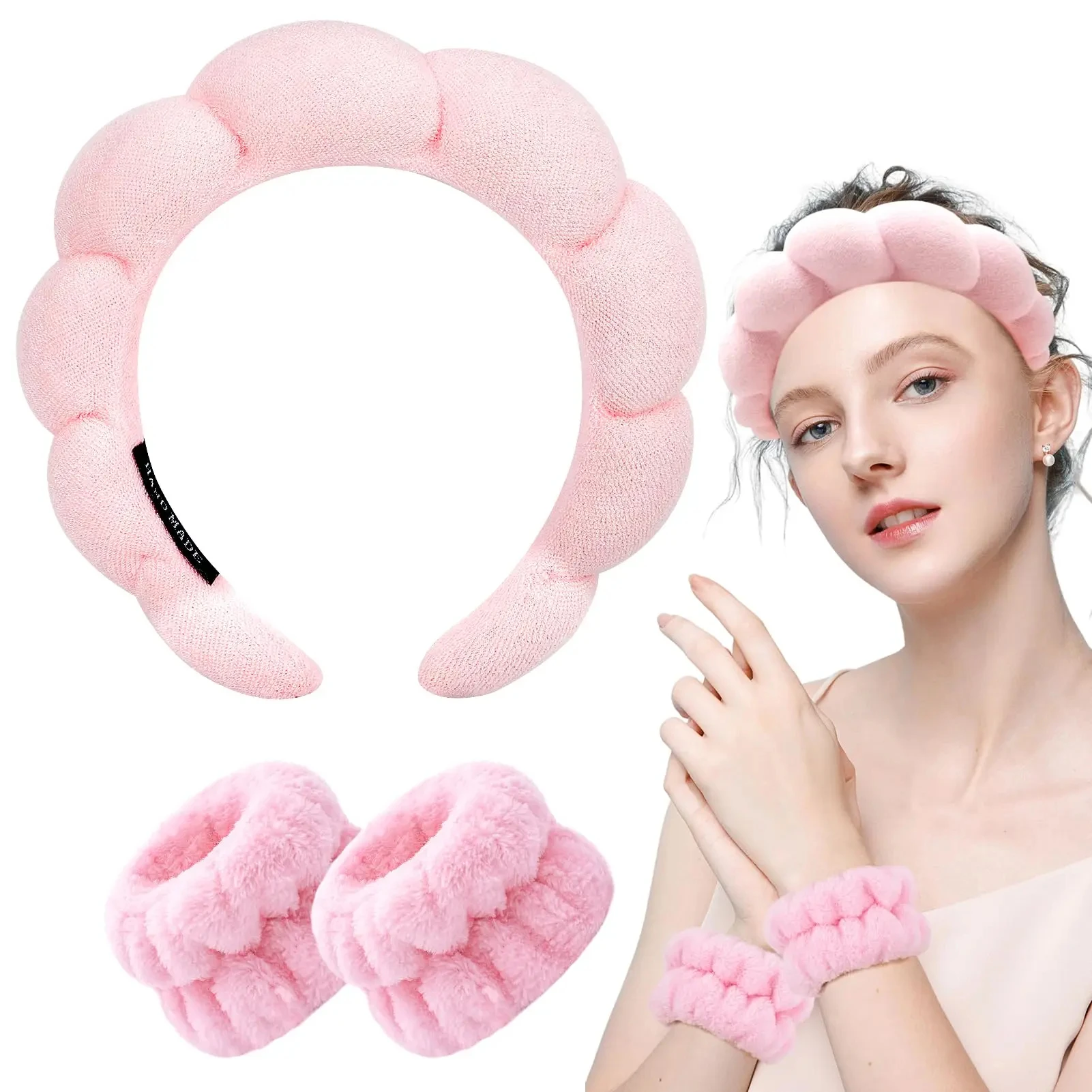 Spa Headband for Washing Face Wristband Set Sponge Makeup Skincare Headband Wrist Towels Bubble Soft Get Ready Hairband for Wome