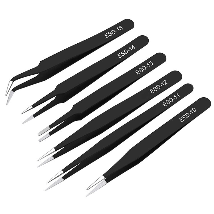 6pcs Anti-static ESD Stainless Steel Tweezers Maintenance Tools Industrial Precision Curved Straight Tweezers Repair Tools