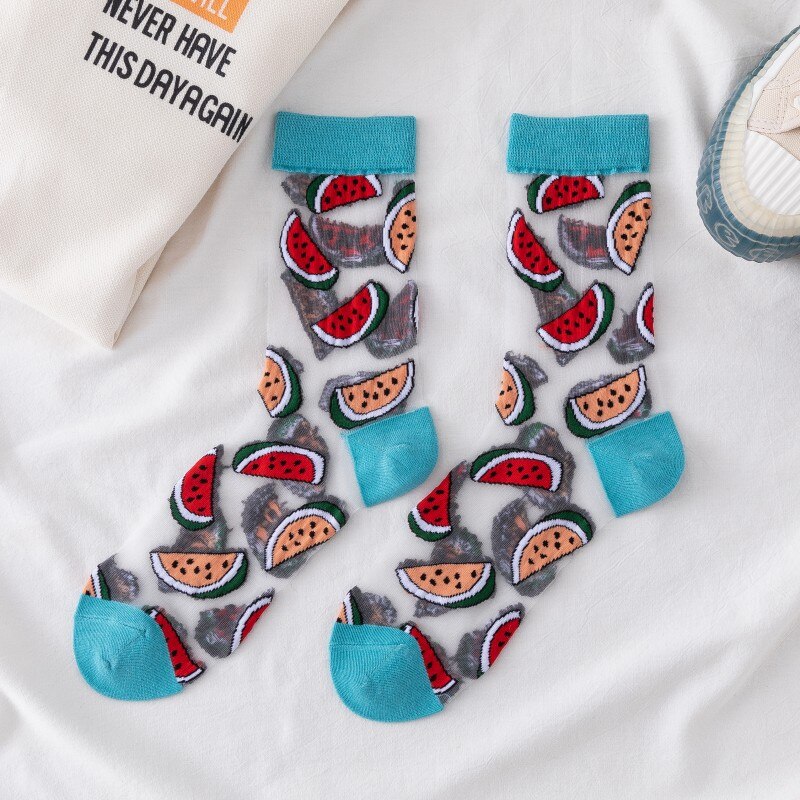 Japanese Korea Style Casual Transparent Crystal Silk Trend Women Socks Cartoon Fruit Ultrathin Glass Silk Socks Meias