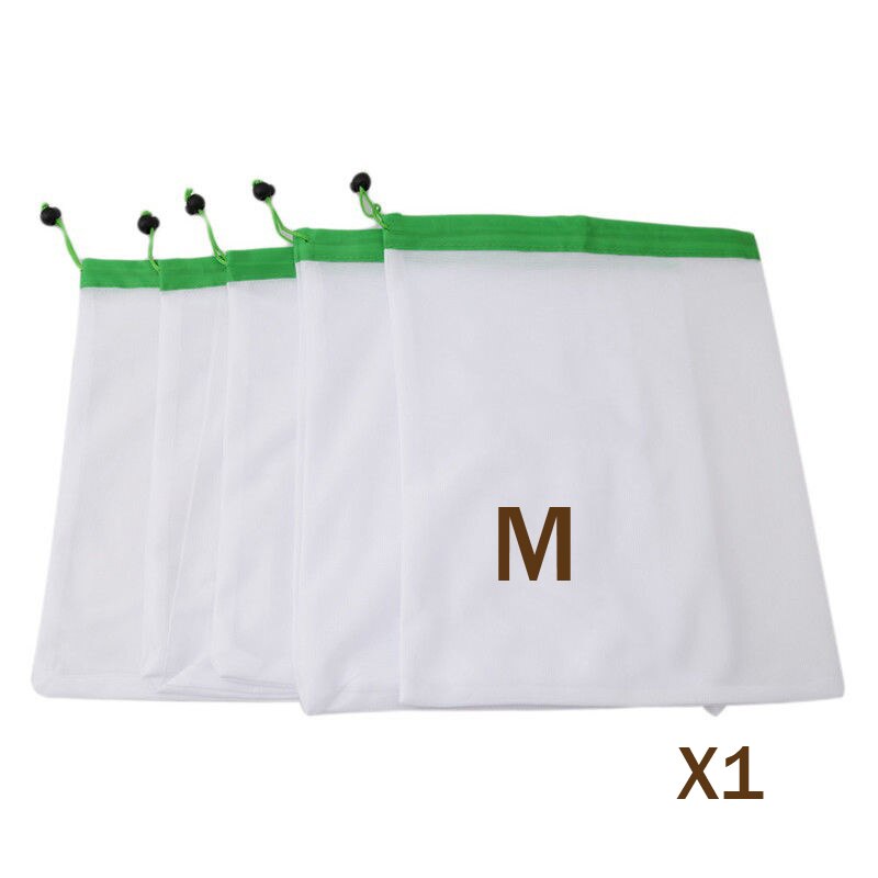 1pc gjenbrukbare grønnsaksposer bomullsnettpose gjenbrukbare produsere poser kjøkken grønnsaker frukt øko poser løpesnor handlekurv: M -35 x 30 cm
