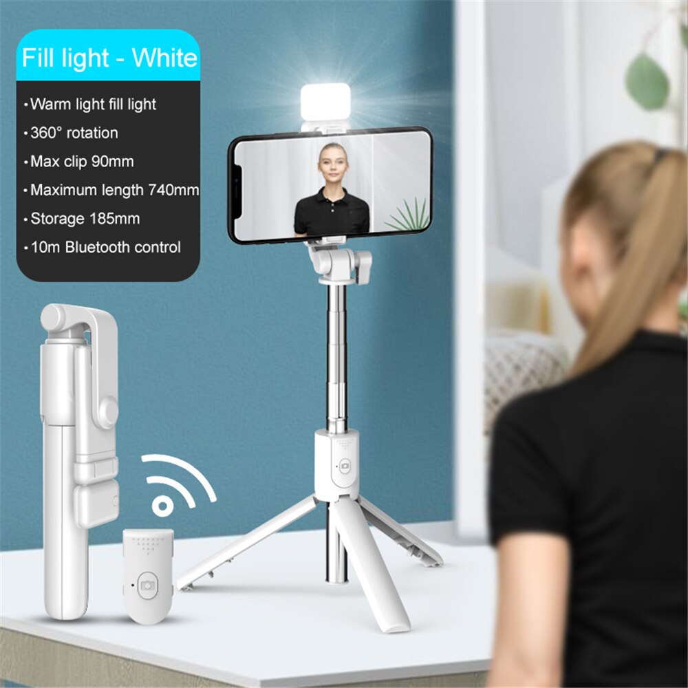Tragbarer, kabelloser bluetooth-selfie-stick mit ausziehbarem und faltbarem stativ für ios, android und iphone.: Weißes zusatzlicht