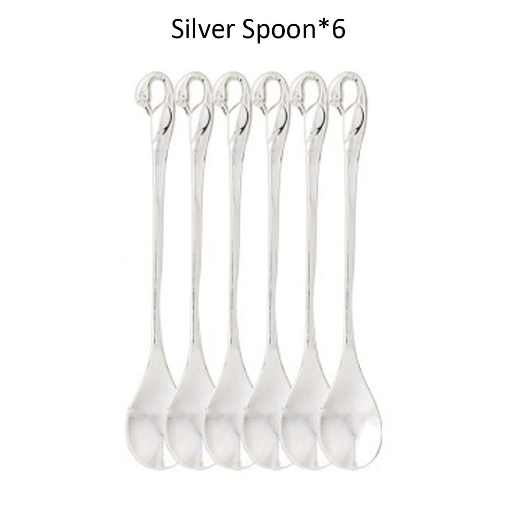 7 Pcs Swan Base Holder Dinnerware Set Stainless Steel Gold Spoon Fork Cutlery Coffee Cake Fruit Salad Dessert Flatware Teaspoon: L