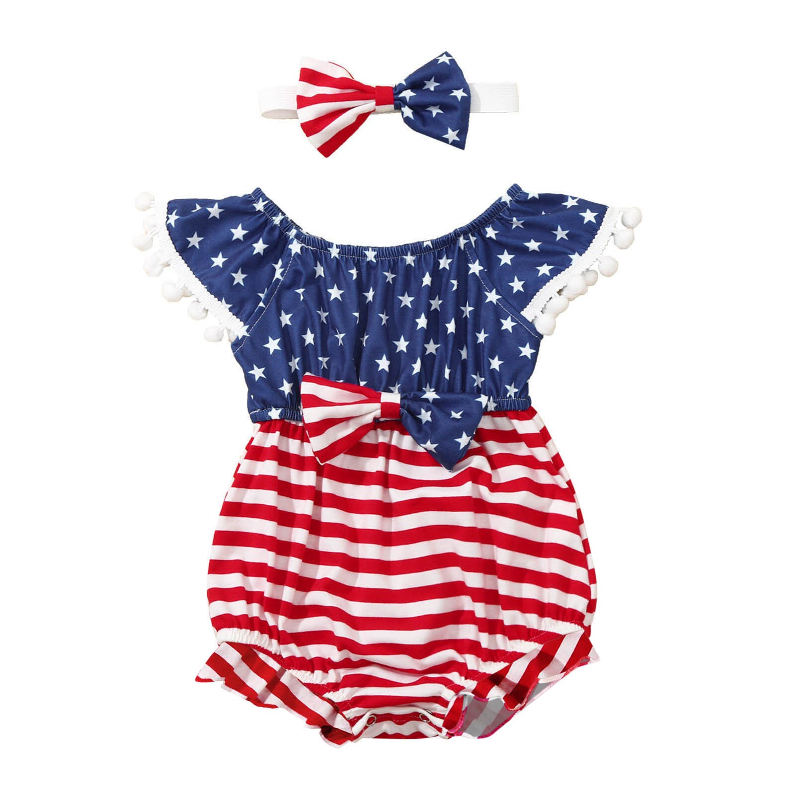 Vêtements pour bébés filles et garçons, body imprimé étoiles et rayures avec nœud à pompon: Blue  / 6-9 Months