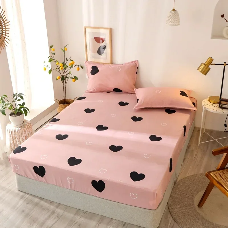 Polyester Print Fitted Sheet with Elastic Band Non Slip Mattress Cover Pillowcase for Single Double Bed 90/120/150/180cm