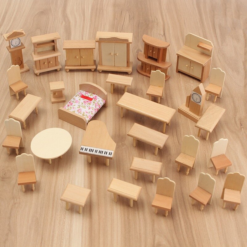 29 stykker/sæt miniaturedukkehusmøbelkit umalet træ 1/24 -skala model dukkelegetøj børnelegetøj