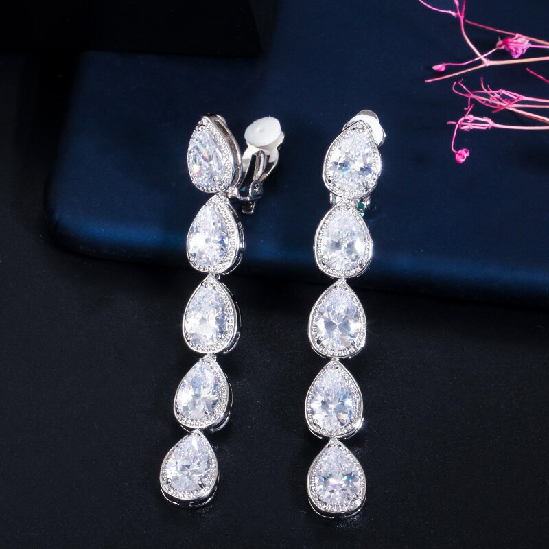 CWWZircons Non Piercing Ear Long Dangle CZ Crystal Clip On Earrings No Pierced Women Wedding Party Costume Jewelry CZ713: Default Title