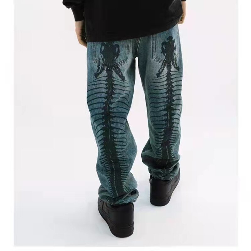 High Street-pantalones vaqueros pintados a mano para hombre, vaqueros rectos de gran tamaño, informales, Retro, rasgados y lavados