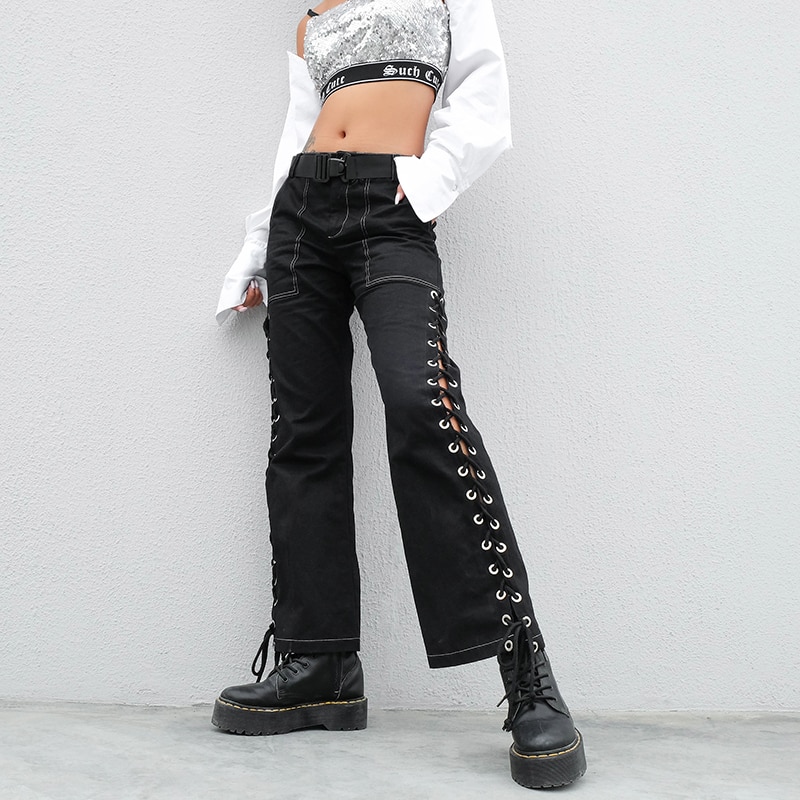 Rapwriter streetwear punk side cross snørebånd lige bukser sort kvinder cargo høj talje bukser lange bukser capris lomme