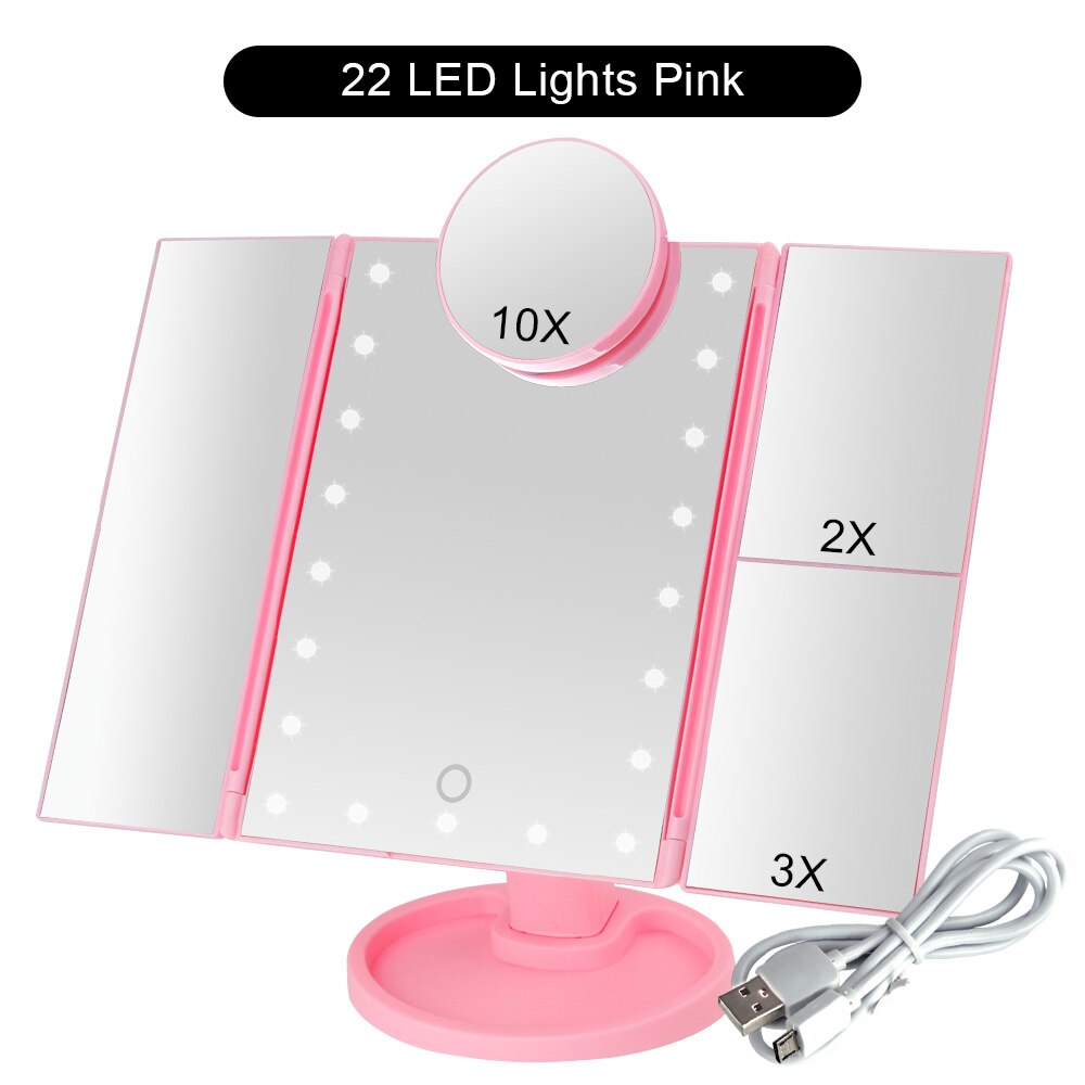 Espejo con LED y 10 aumentos para maquillaje, espejo de maquillaje táctil compacto y flexible, 22 luces LED, aumento 1X/2X/3X/10X: PK 22 Lights Set D