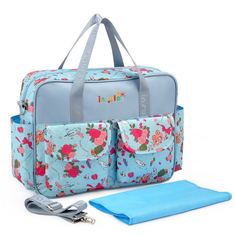 Print Diaper Bag for Mom Waterproof Large Capacity Baby Care Bags for Stroller Multifunction Mommy Bag 8 Colors: Blue flower