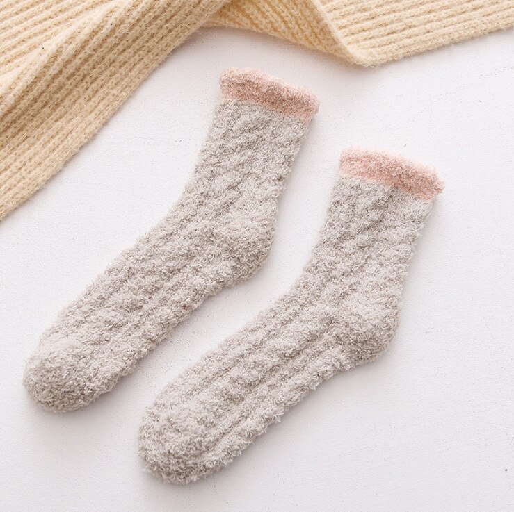 Coral Fleece Women Socks Bow rabbit Bear Candy Winter Thickening Cute Mid-tube Sock Ladies Home Bed Floor Slipper Sox: khaki