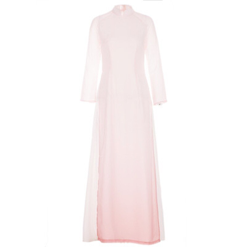 Vietnam Ao Dai Wit Solid Chiffon Perspectief Jurk Voor Vrouw Chinese Cheongsams Volledige Mouw Vrouwelijke Oosterse Jurk RB85