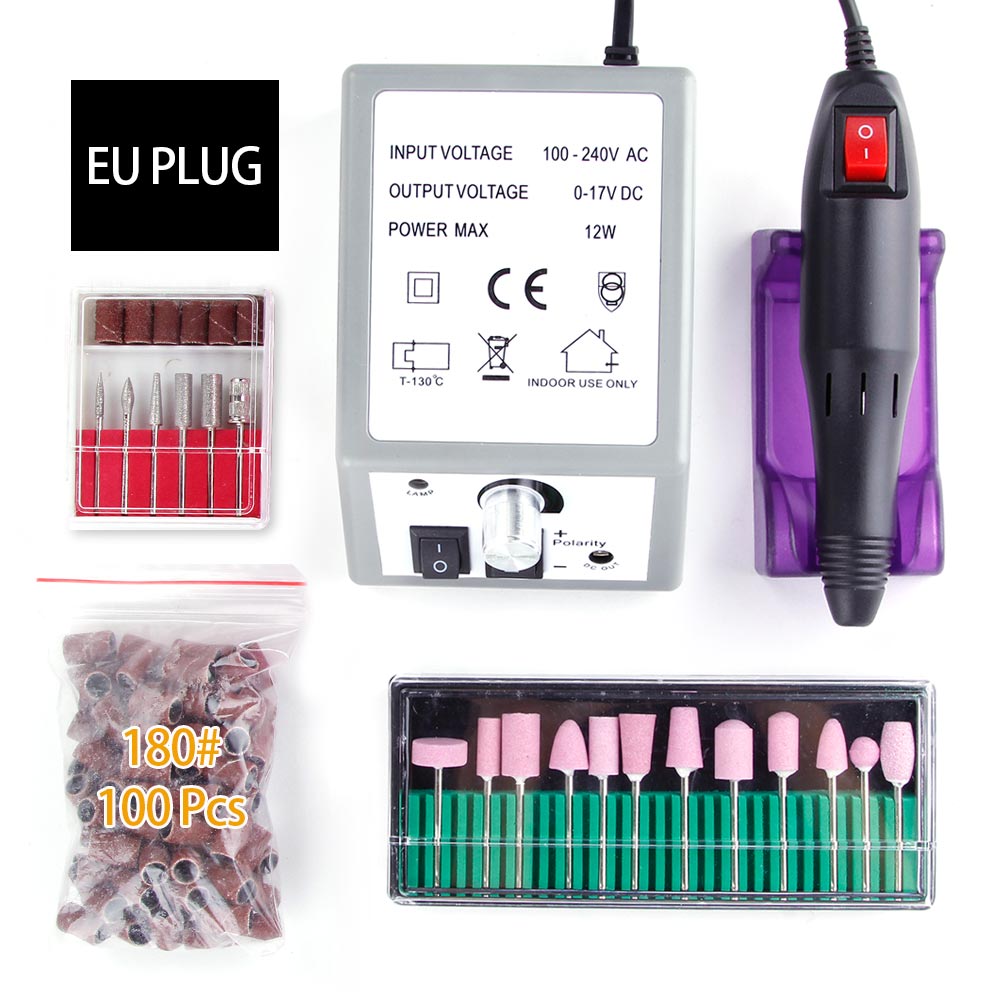 Electric Machine Apparatus for Manicure Pedicure Nail Tools 12Pcs Quartz Nail Drill Bits Nail Tools 100Pcs Sanding Bands EU Plug: 8
