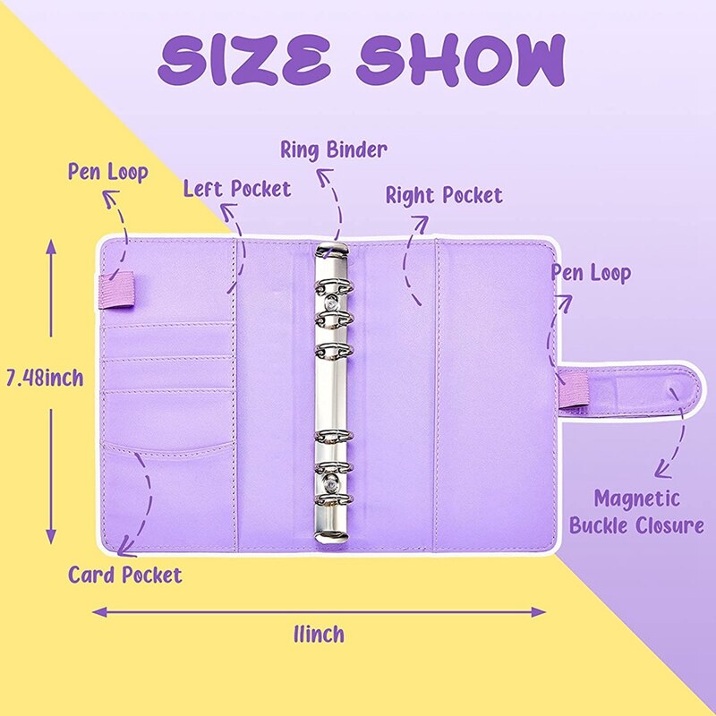 A6 PU Binder Planner Budget Organizer Round Ring Binder Cover Magnetic Personal Planner Binder with 12 Binder Pocket