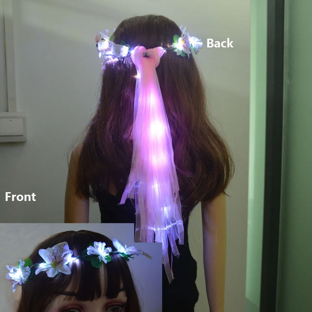 Women Girl Glow Party LED Hawaiian Lei Headband Light Up Flower Ribbon Crown Birthday Wedding Festival: plum