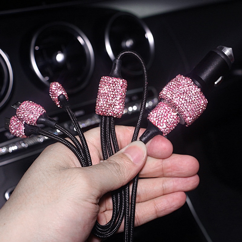 Cargador USB Dual para coche, accesorio para teléfono móvil, tableta, GPS, Cable de diamante de cristal, encendedor de cigarrillos, con Cable USB para teléfono
